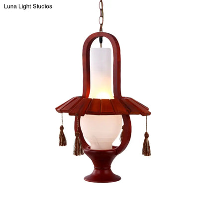 Retro Style Kerosene Opal Glass Hanging Light Fixture - 1-Bulb Dining Room Ceiling Lamp in Red Brown