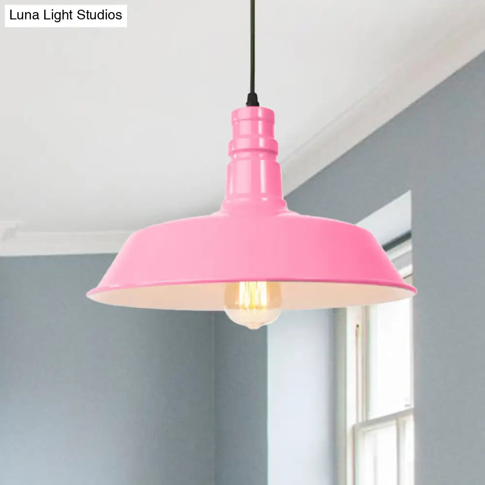 Retro Style Metal Barn Shade Hanging Lamp - 1 Bulb Ceiling Pendant in Pink/Yellow - Multiple Diameter Options