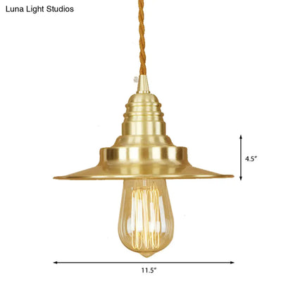 Retro Style Metal Brass Finish Pendant Light with Flat Shade - 1-Light Ceiling Fixture for Table