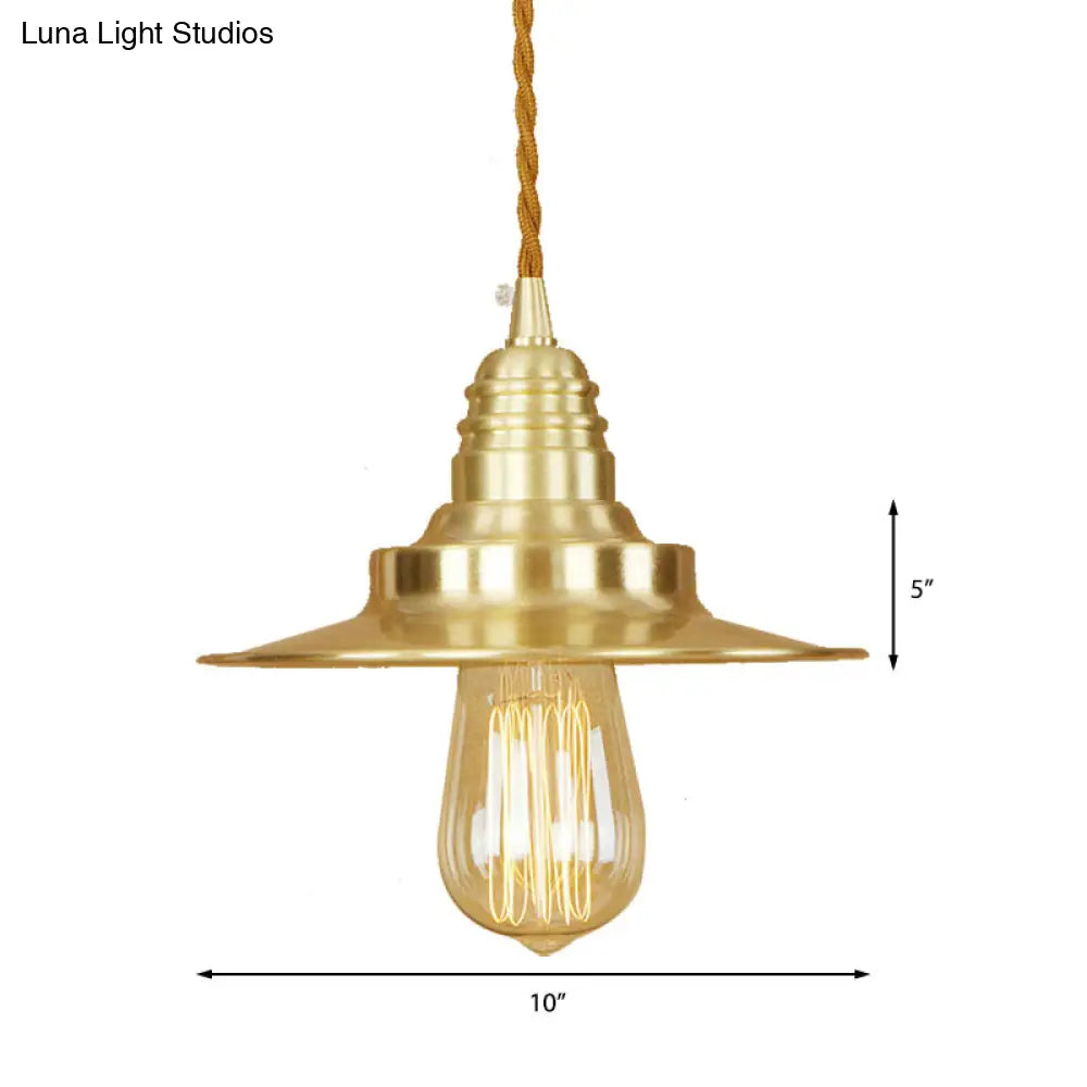 Retro Style Metal Brass Finish Pendant Light with Flat Shade - 1-Light Ceiling Fixture for Table