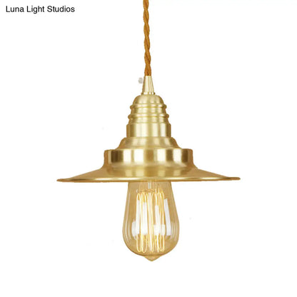 Retro Style Metal Brass Finish Pendant Light with Flat Shade - 1-Light Ceiling Fixture for Table