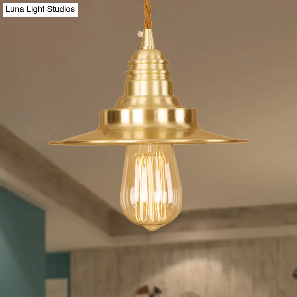 Retro Style Metal Brass Finish Pendant Light with Flat Shade - 1-Light Ceiling Fixture for Table