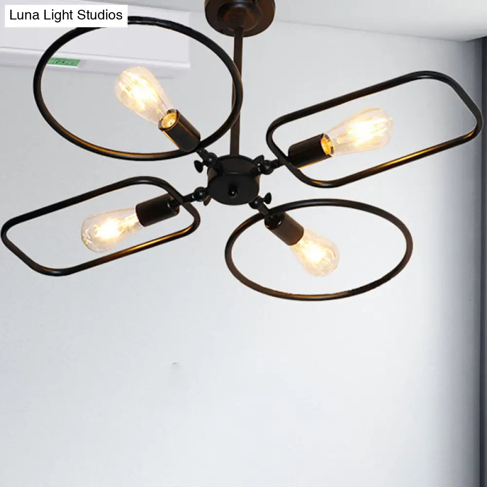 Retro Style Metal Geometric Chandelier Pendant Light - 4-Light Indoor Hanging Fixture in Black