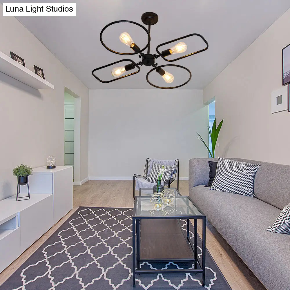 Retro Style Metal Geometric Chandelier Pendant Light - 4-Light Indoor Hanging Fixture in Black