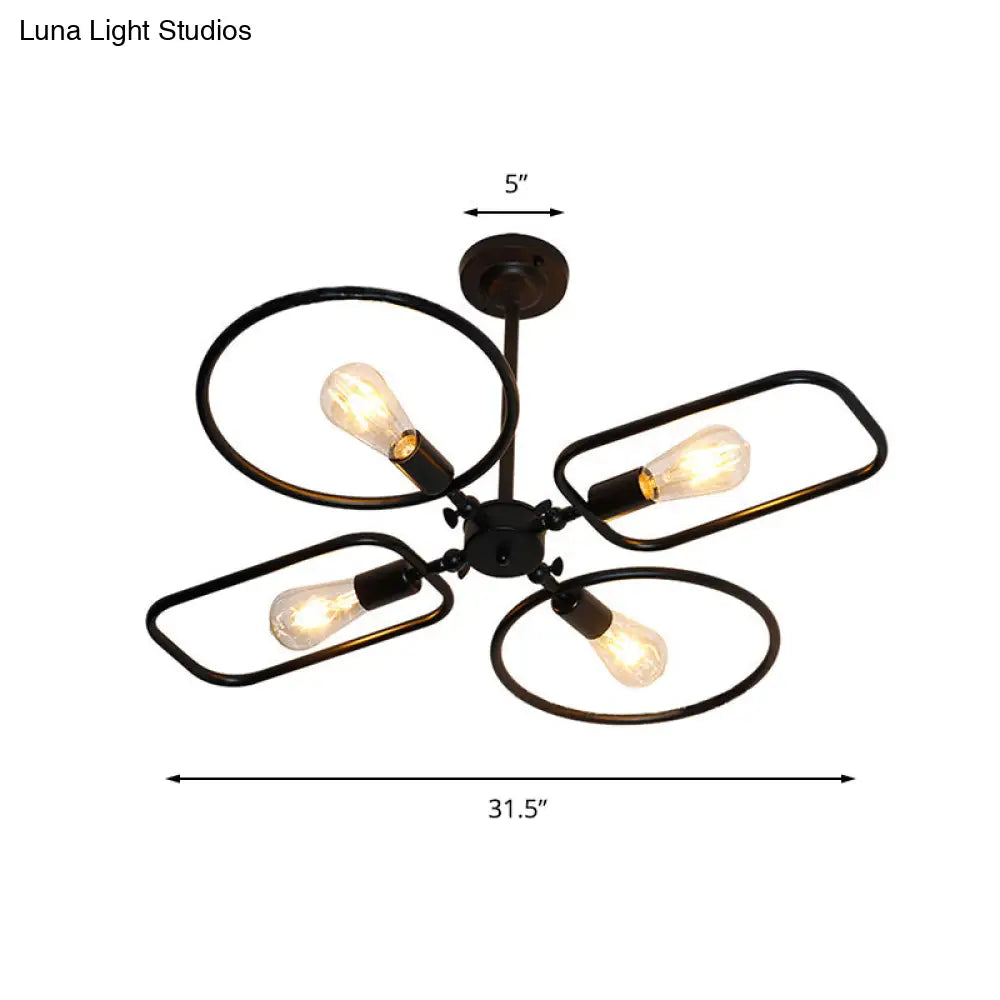 Retro Style Metal Geometric Chandelier Pendant Light - 4-Light Indoor Hanging Fixture in Black