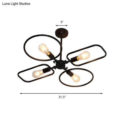 Retro Style Metal Geometric Chandelier Pendant Light - 4-Light Indoor Hanging Fixture in Black