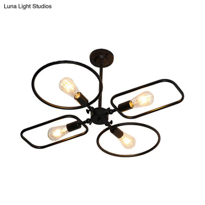 Retro Style Metal Geometric Chandelier Pendant Light - 4-Light Indoor Hanging Fixture in Black