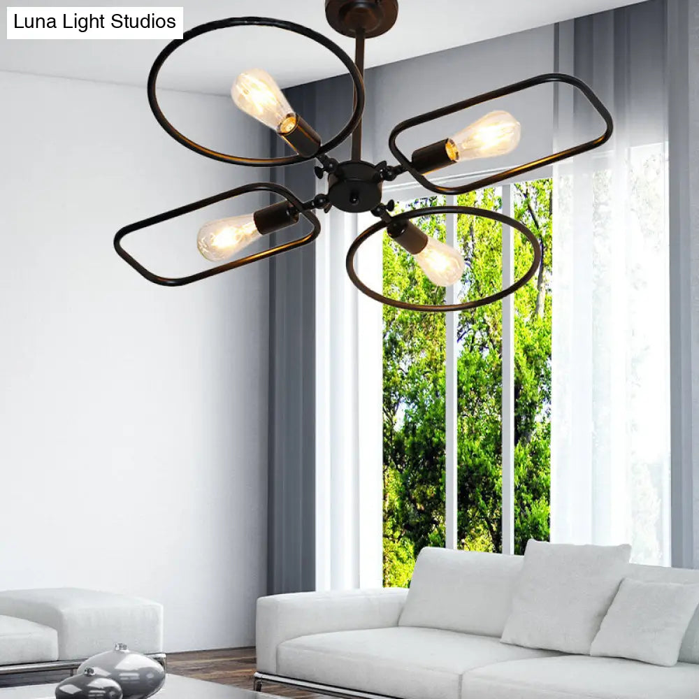 Retro Style Metal Geometric Chandelier Pendant Light - 4-Light Indoor Hanging Fixture in Black