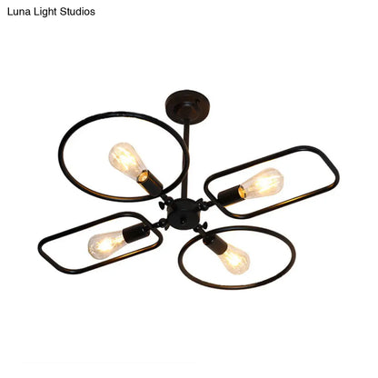 Retro Style Metal Geometric Chandelier Pendant Light - 4-Light Indoor Hanging Fixture in Black