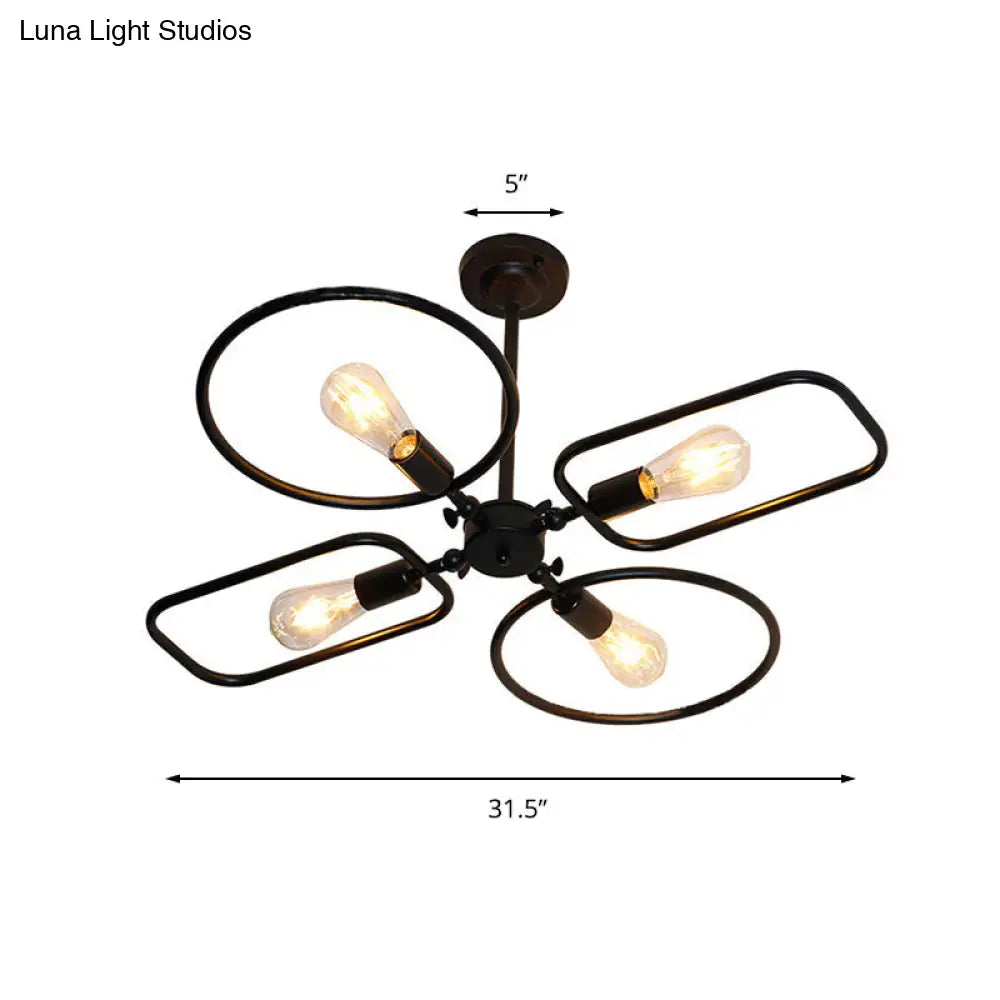 Retro Style Metal Geometric Chandelier Pendant Light - 4-Light Indoor Hanging Fixture in Black