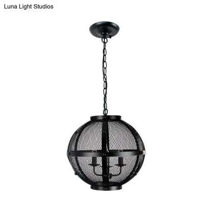 Retro Style Metal Hanging Pendant with Wire Mesh Shade - 3-Light Farmhouse Ceiling Fixture in Black