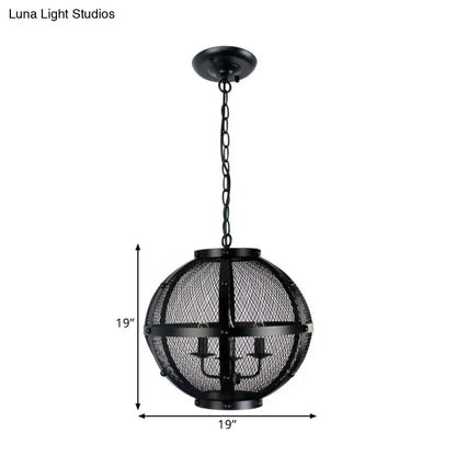 Retro Style Metal Hanging Pendant with Wire Mesh Shade - 3-Light Farmhouse Ceiling Fixture in Black