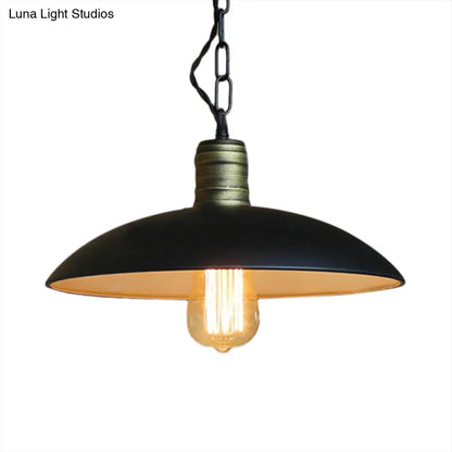 Retro Style Metallic Black Ceiling Light with Bowl Shade and Hanging Chain - 10"/12.5" W - 1 Bulb