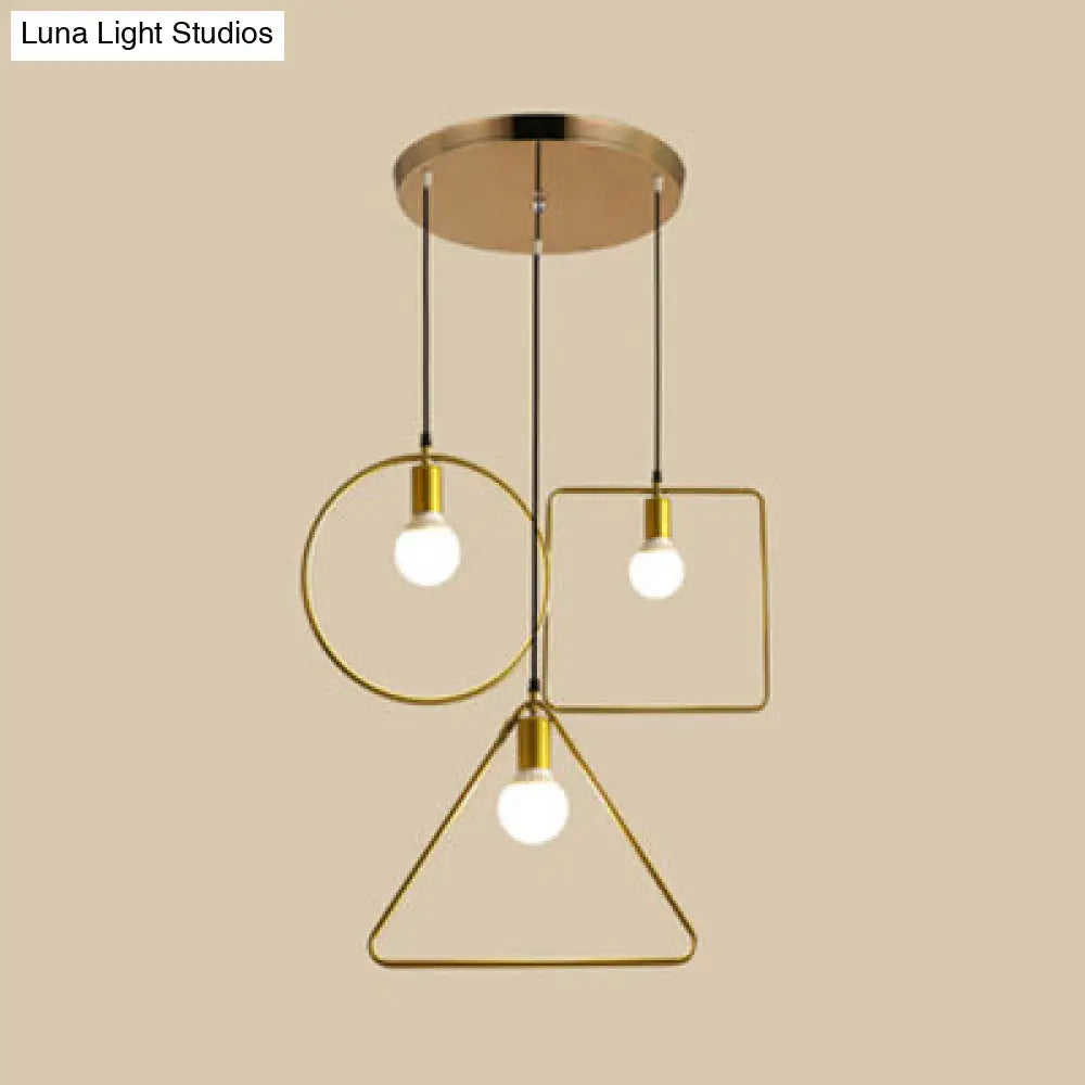 Retro Style Pendant Light: Round/Linear Canopy, Gold Metal Frame, 3 Lights, Different Shade