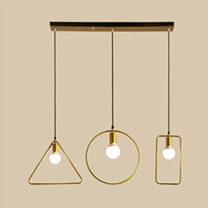 Retro Style Pendant Light: Round/Linear Canopy, Gold Metal Frame, 3 Lights, Different Shade