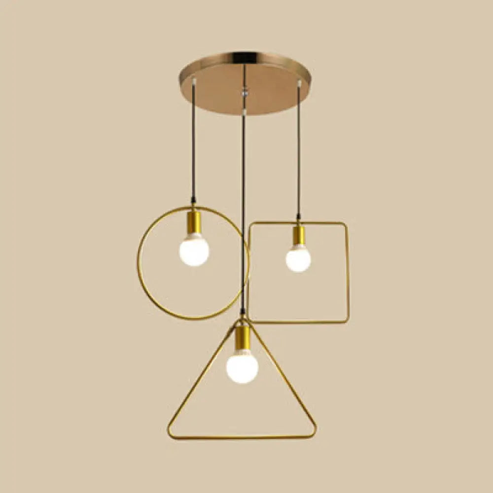 Retro Style Pendant Light: Round/Linear Canopy, Gold Metal Frame, 3 Lights, Different Shade