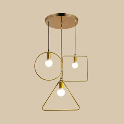 Retro Style Pendant Light: Round/Linear Canopy, Gold Metal Frame, 3 Lights, Different Shade