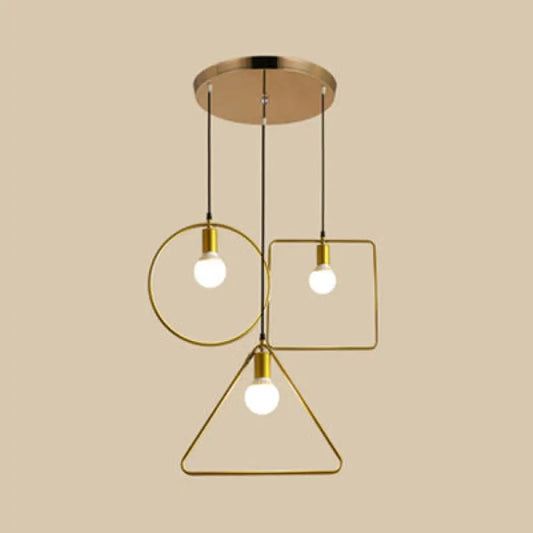 Retro Style Pendant Light: Round/Linear Canopy, Gold Metal Frame, 3 Lights, Different Shade