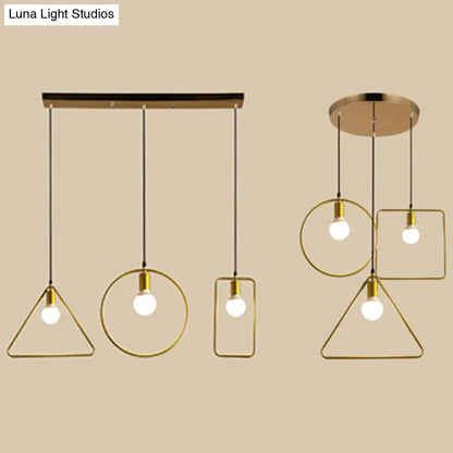 Retro Style Pendant Light: Round/Linear Canopy, Gold Metal Frame, 3 Lights, Different Shade