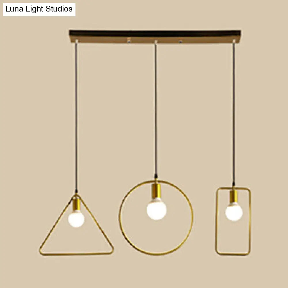 Retro Style Pendant Light: Round/Linear Canopy, Gold Metal Frame, 3 Lights, Different Shade