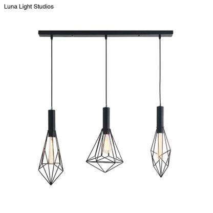 Retro Style Polygon Ceiling Light with Cage Shade - 3 Lights, Black Metallic