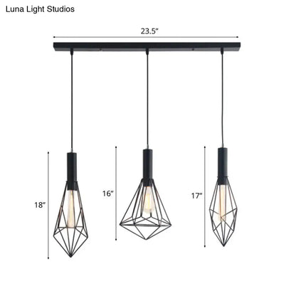 Retro Style Polygon Ceiling Light with Cage Shade - 3 Lights, Black Metallic