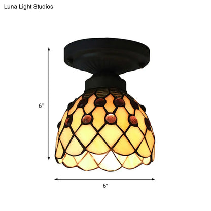 DecorBites™ DecorBites™ Retro Style Purple/Beige Glass Ceiling Light Fixture with Jewel Pattern - Cup Shade Semi Flush Mount