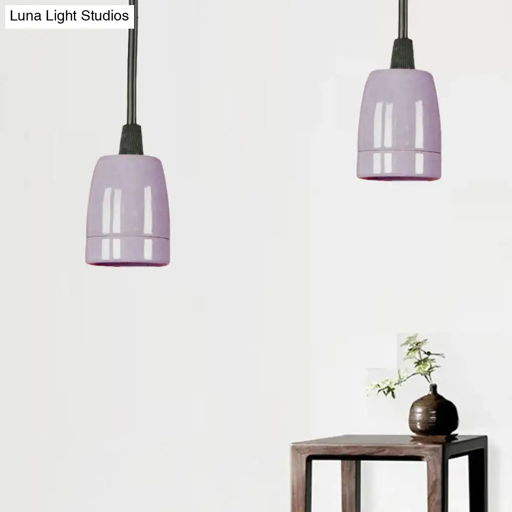 Decorbites™ retro style mini hanging pendant light with adjustable black cord and purple ceramic shade for ceiling use