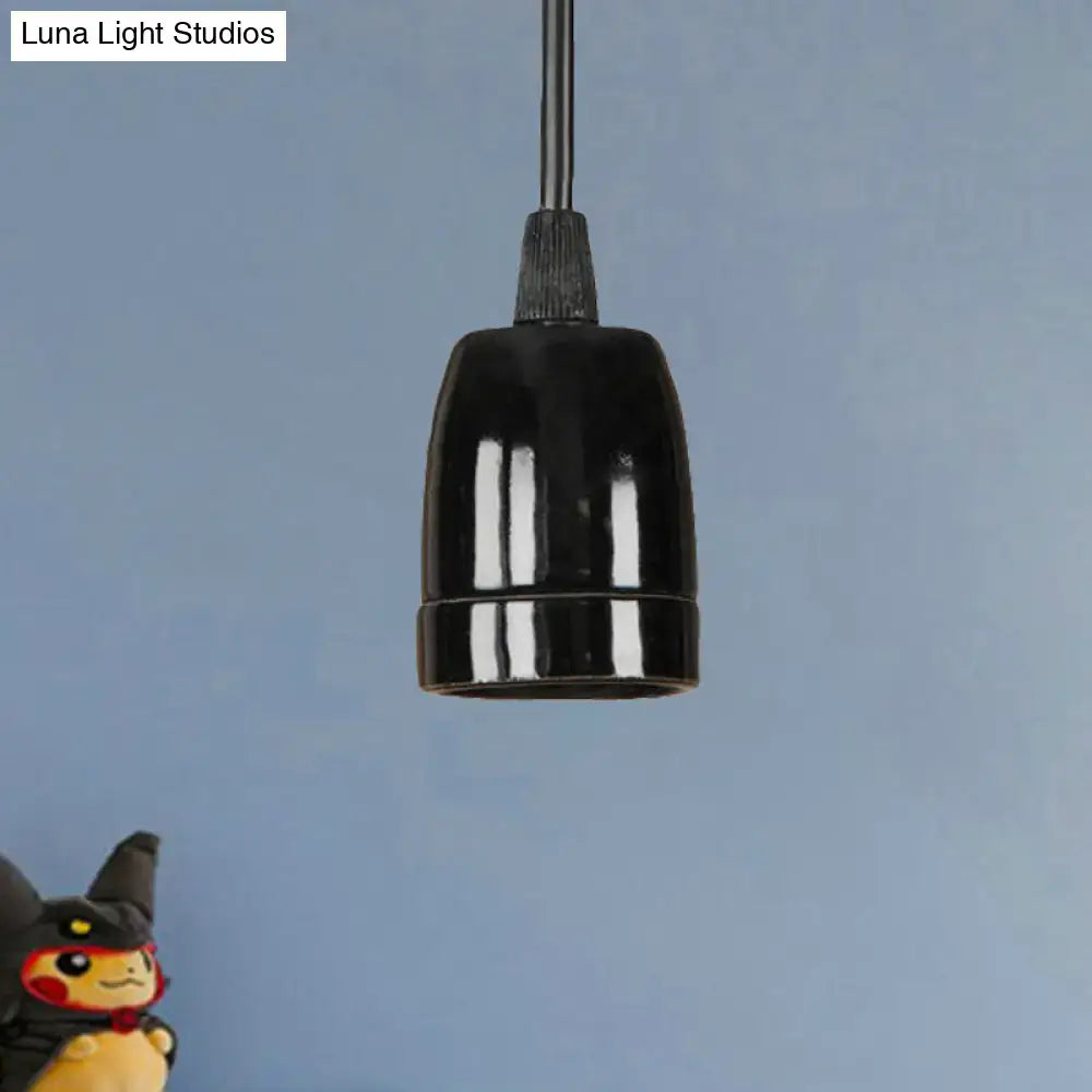 Black glossy DecorBites retro style mini pendant light with ribbed metal stem and black red ceramic ceiling fixture