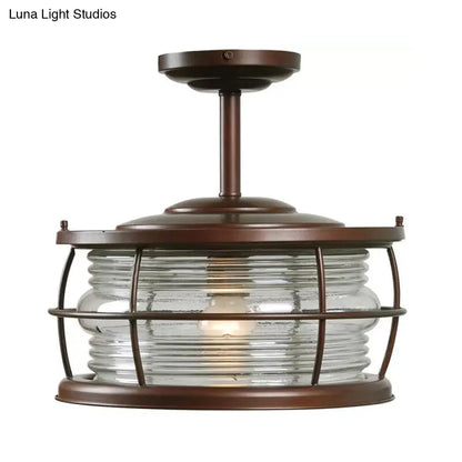 Retro Style Ribbed Glass Semi Mount Lighting with Drum Shade in Copper Finish - 1 Bulb for Dining Room Lamping