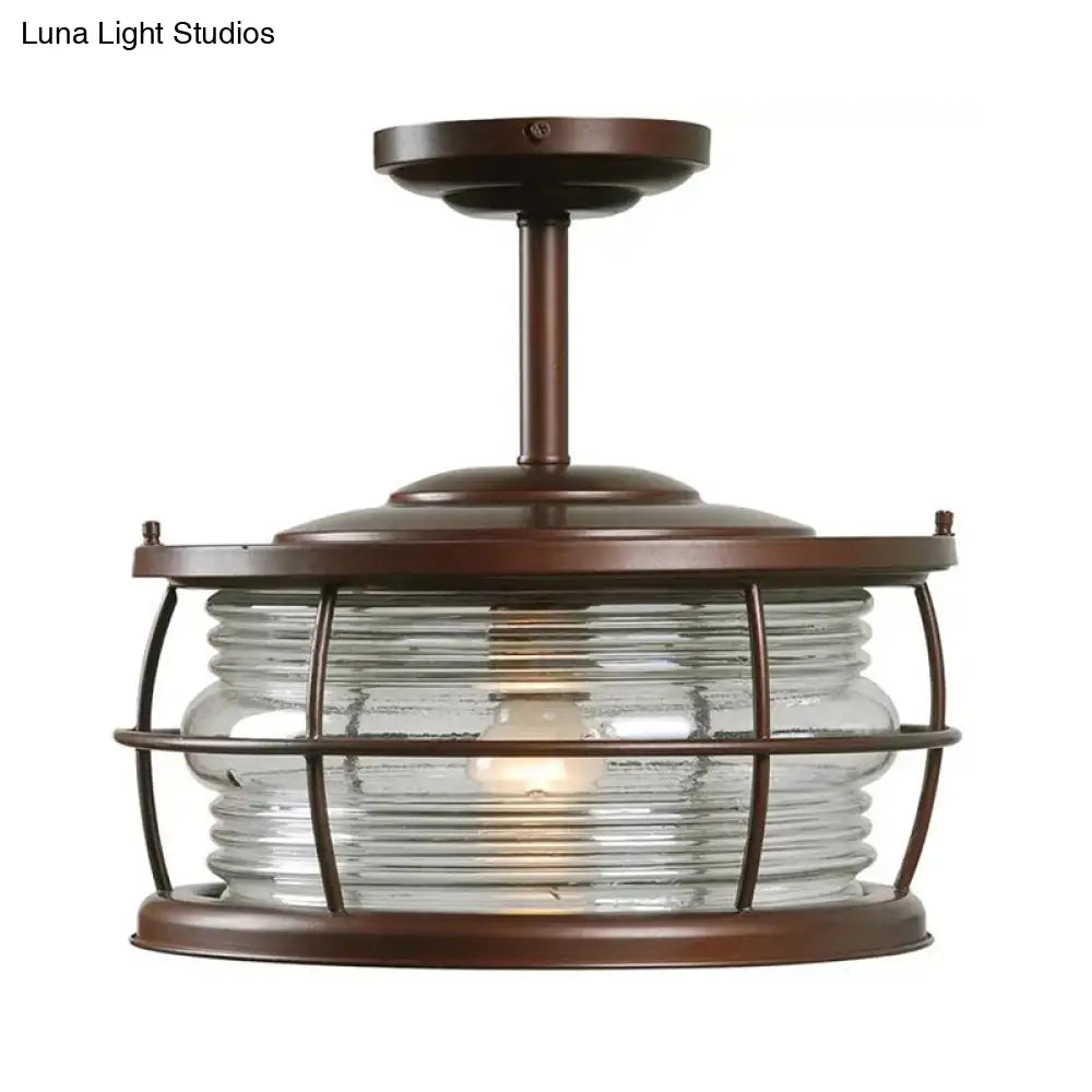 Retro Style Ribbed Glass Semi Mount Lighting with Drum Shade in Copper Finish - 1 Bulb for Dining Room Lamping