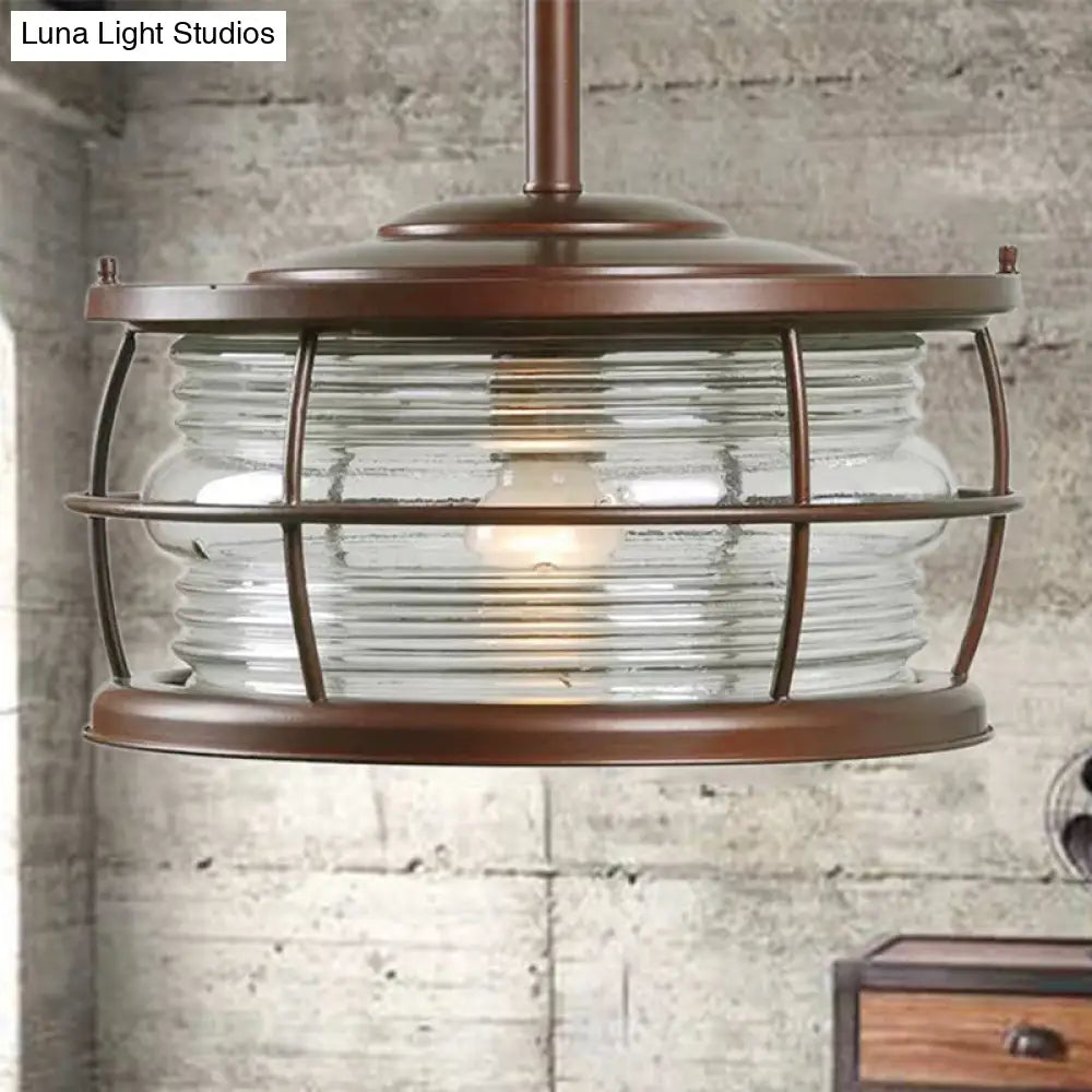 Retro Style Ribbed Glass Semi Mount Lighting with Drum Shade in Copper Finish - 1 Bulb for Dining Room Lamping