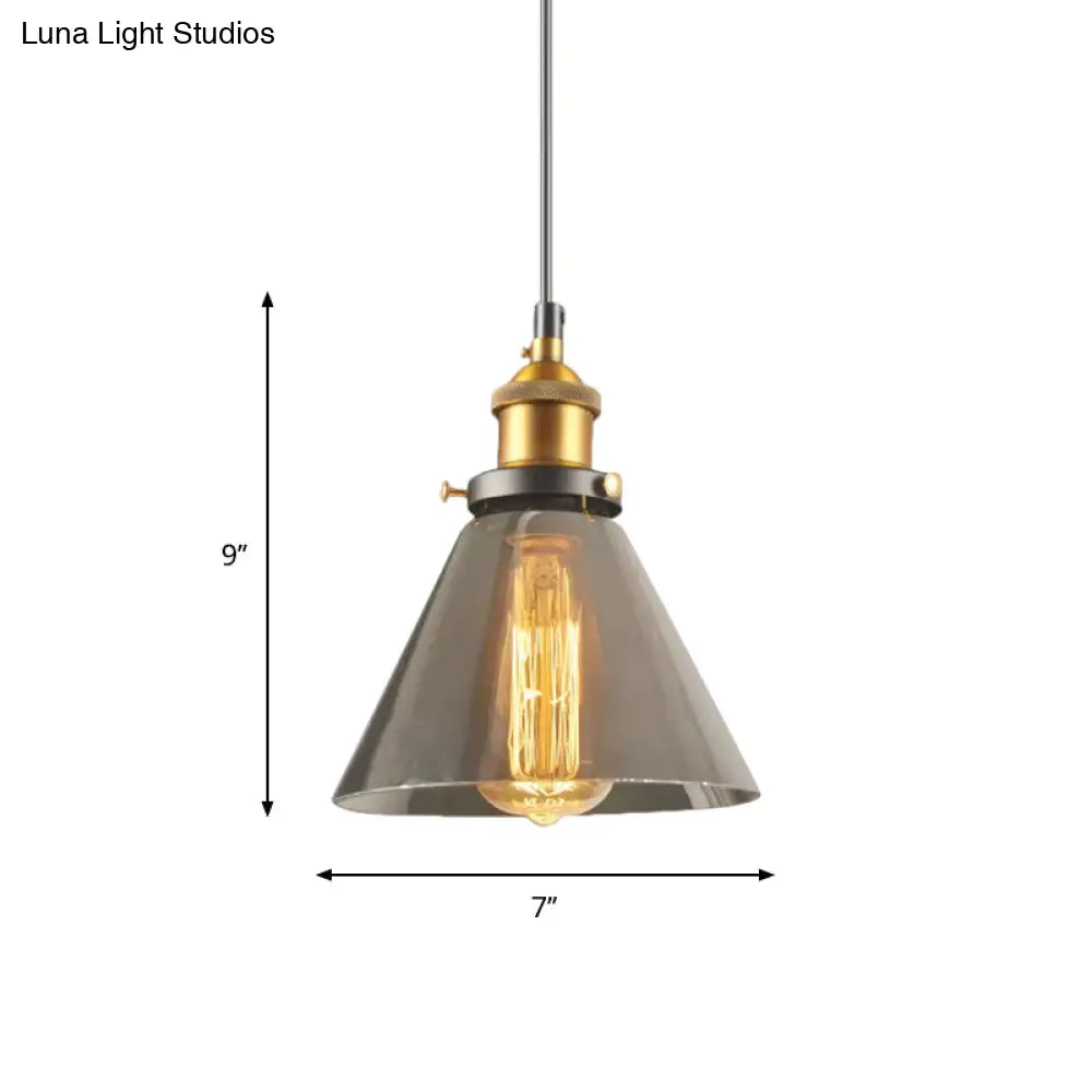 Retro Style Smoky Grey Glass Pendant Lamp - Brass Finish, Bedside Ceiling Hanging Light