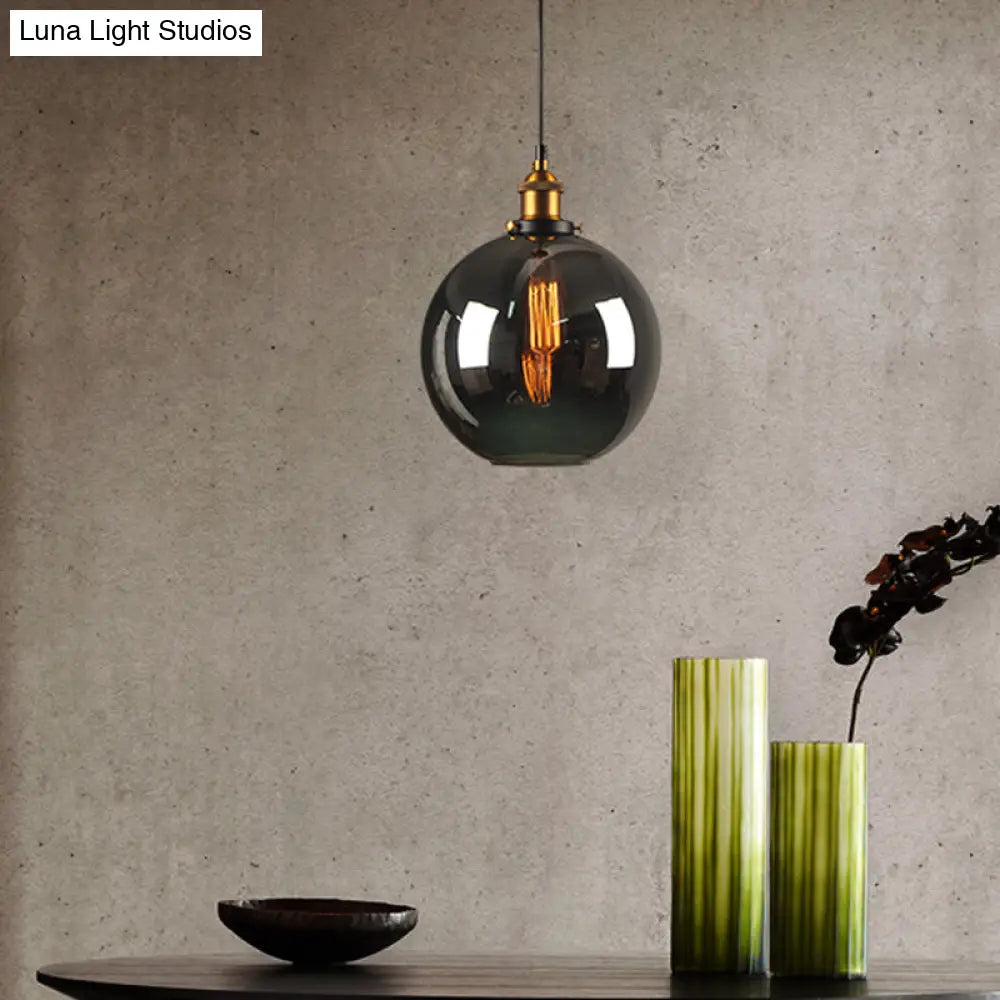 Retro Style Smoky Grey Glass Pendant Lamp - Brass Finish, Bedside Ceiling Hanging Light