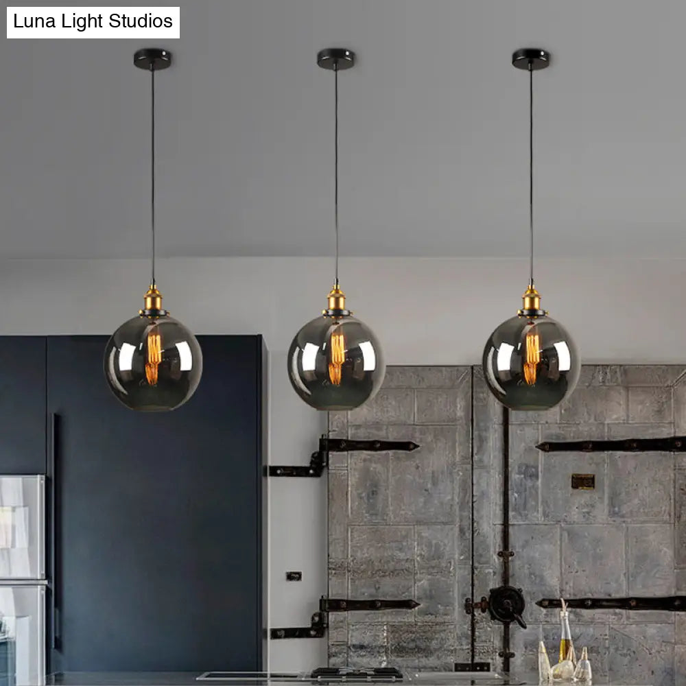 Retro Style Smoky Grey Glass Pendant Lamp - Brass Finish, Bedside Ceiling Hanging Light