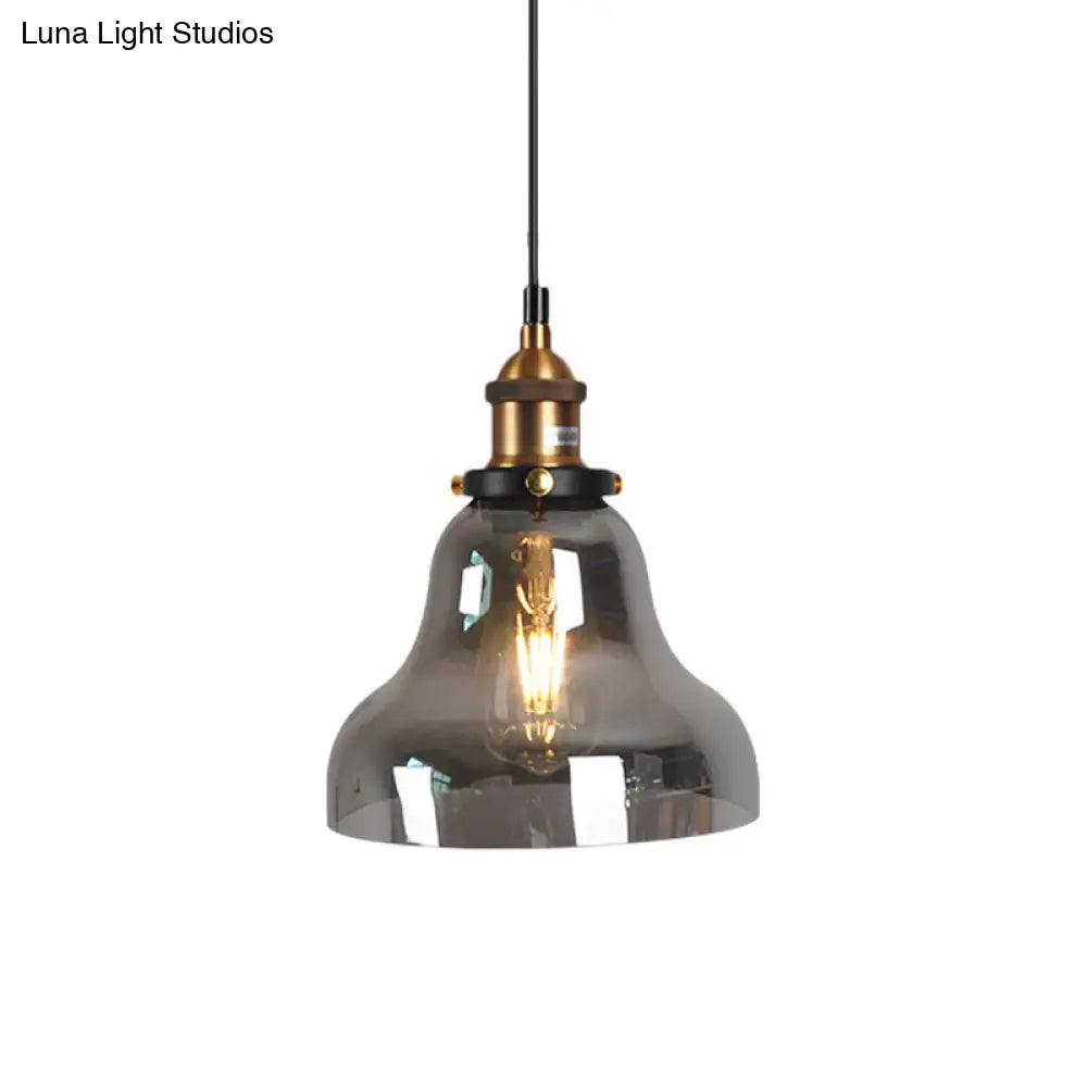 Retro Style Smoky Grey Glass Pendant Lamp - Brass Finish, Bedside Ceiling Hanging Light