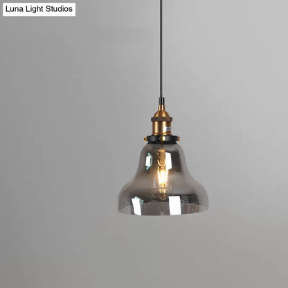 Retro Style Smoky Grey Glass Pendant Lamp - Brass Finish, Bedside Ceiling Hanging Light