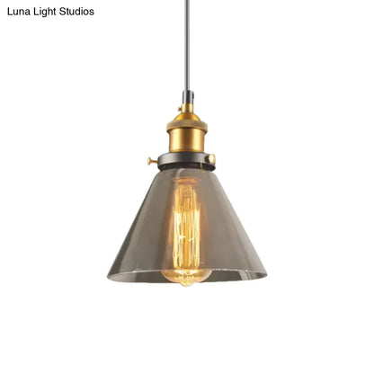 Retro Style Smoky Grey Glass Pendant Lamp - Brass Finish, Bedside Ceiling Hanging Light