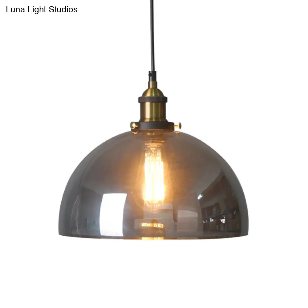 Retro Style Smoky Grey Glass Pendant Lamp - Brass Finish, Bedside Ceiling Hanging Light