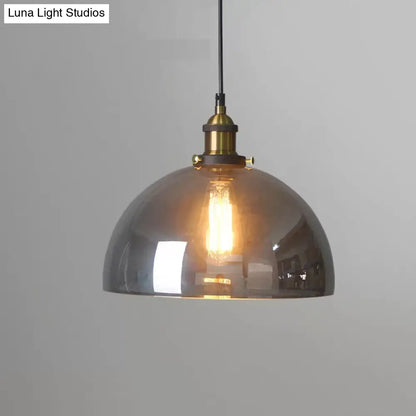 Retro Style Smoky Grey Glass Pendant Lamp - Brass Finish, Bedside Ceiling Hanging Light