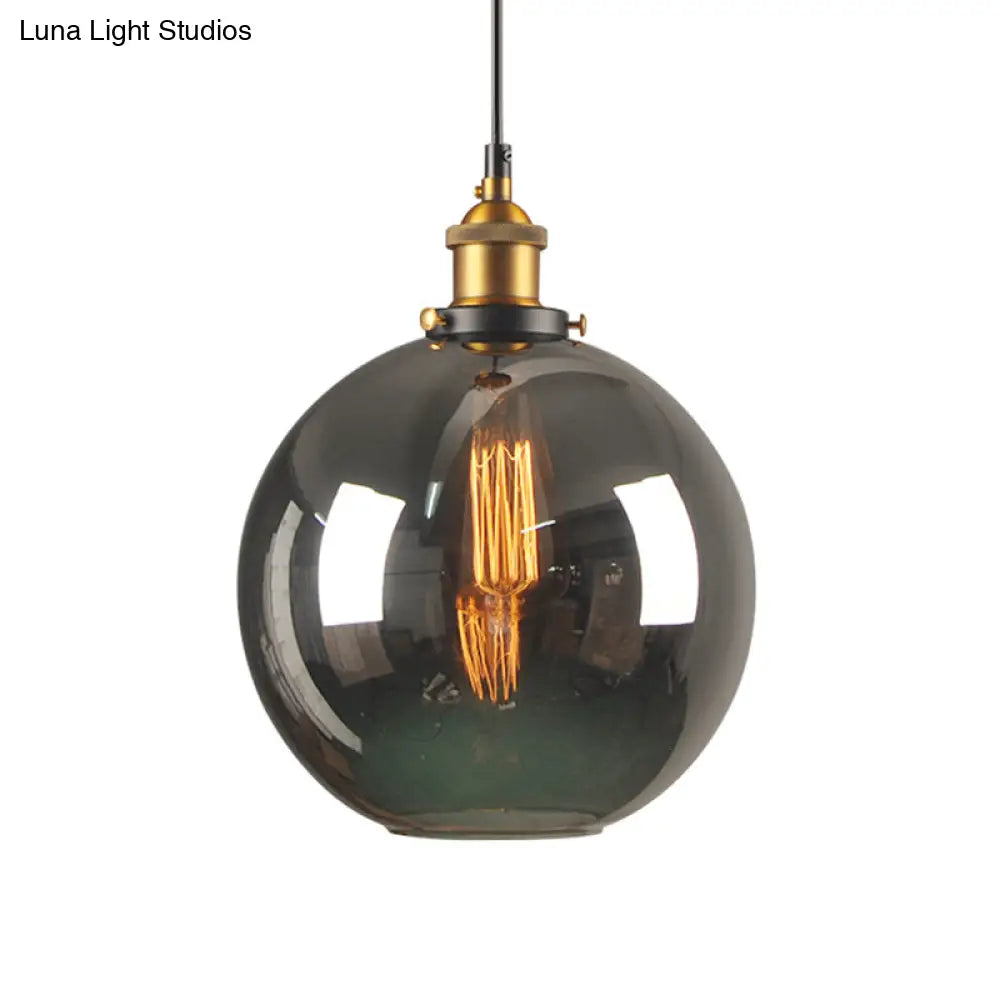 Retro Style Smoky Grey Glass Pendant Lamp - Brass Finish, Bedside Ceiling Hanging Light