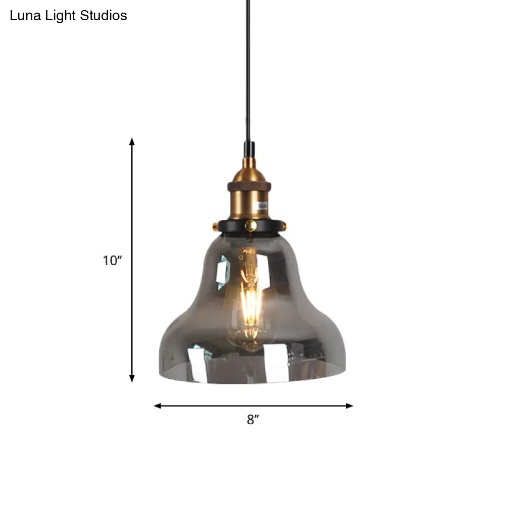 Retro Style Smoky Grey Glass Pendant Lamp - Brass Finish, Bedside Ceiling Hanging Light