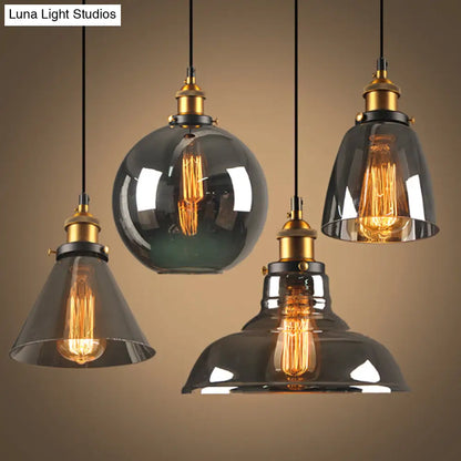 Retro Style Smoky Grey Glass Pendant Lamp - Brass Finish, Bedside Ceiling Hanging Light