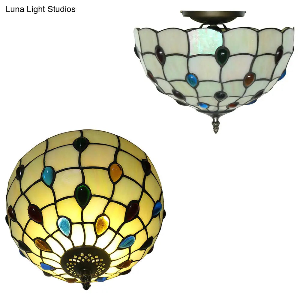 DecorBites™ DecorBites™ Retro Style Stained Glass Ceiling Light - Wide Bowl Design, 12/16/19.5-Inch, Flushmount, Beige/White/Yellow - 1/2/3 Light Options