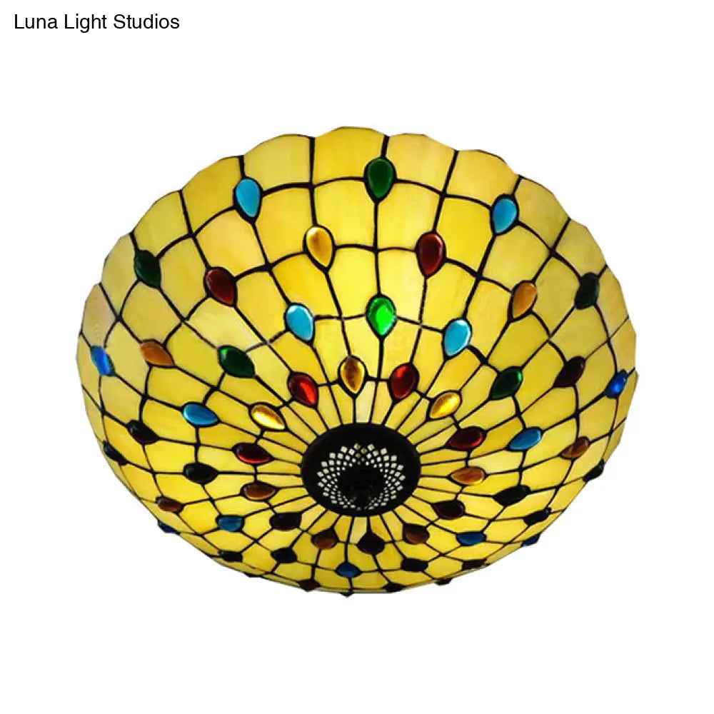 DecorBites™ DecorBites™ Retro Style Stained Glass Ceiling Light - Wide Bowl Design, 12/16/19.5-Inch, Flushmount, Beige/White/Yellow - 1/2/3 Light Options