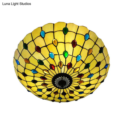 DecorBites™ DecorBites™ Retro Style Stained Glass Ceiling Light - Wide Bowl Design, 12/16/19.5-Inch, Flushmount, Beige/White/Yellow - 1/2/3 Light Options