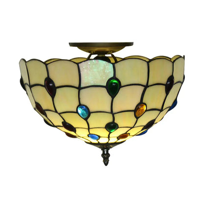 DecorBites™ DecorBites™ Retro Style Stained Glass Ceiling Light - Wide Bowl Design, 12/16/19.5-Inch, Flushmount, Beige/White/Yellow - 1/2/3 Light Options