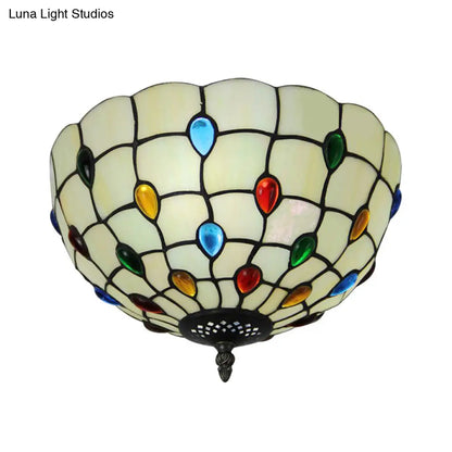 DecorBites™ DecorBites™ Retro Style Stained Glass Ceiling Light - Wide Bowl Design, 12/16/19.5-Inch, Flushmount, Beige/White/Yellow - 1/2/3 Light Options