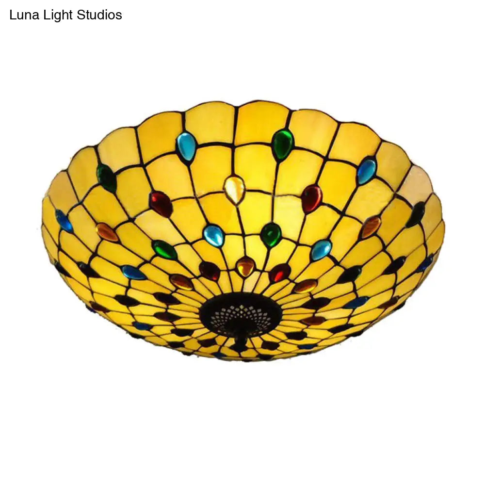 DecorBites™ DecorBites™ Retro Style Stained Glass Ceiling Light - Wide Bowl Design, 12/16/19.5-Inch, Flushmount, Beige/White/Yellow - 1/2/3 Light Options