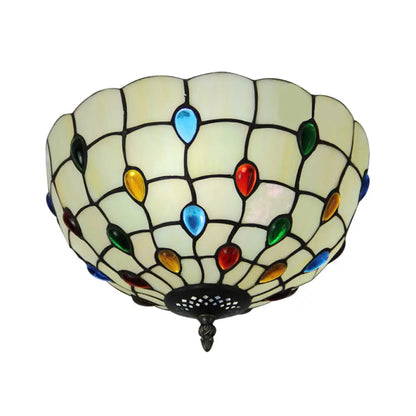 DecorBites™ DecorBites™ Retro Style Stained Glass Ceiling Light - Wide Bowl Design, 12/16/19.5-Inch, Flushmount, Beige/White/Yellow - 1/2/3 Light Options